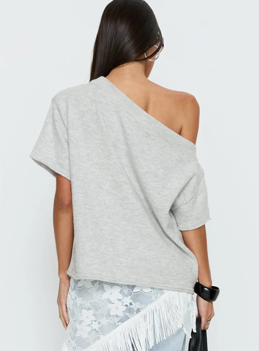 Kourta Off Shoulder Oversized Knit Top Grey Marle