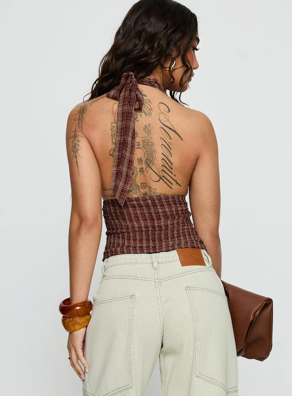Kendia Plunge Halter Top Red Check