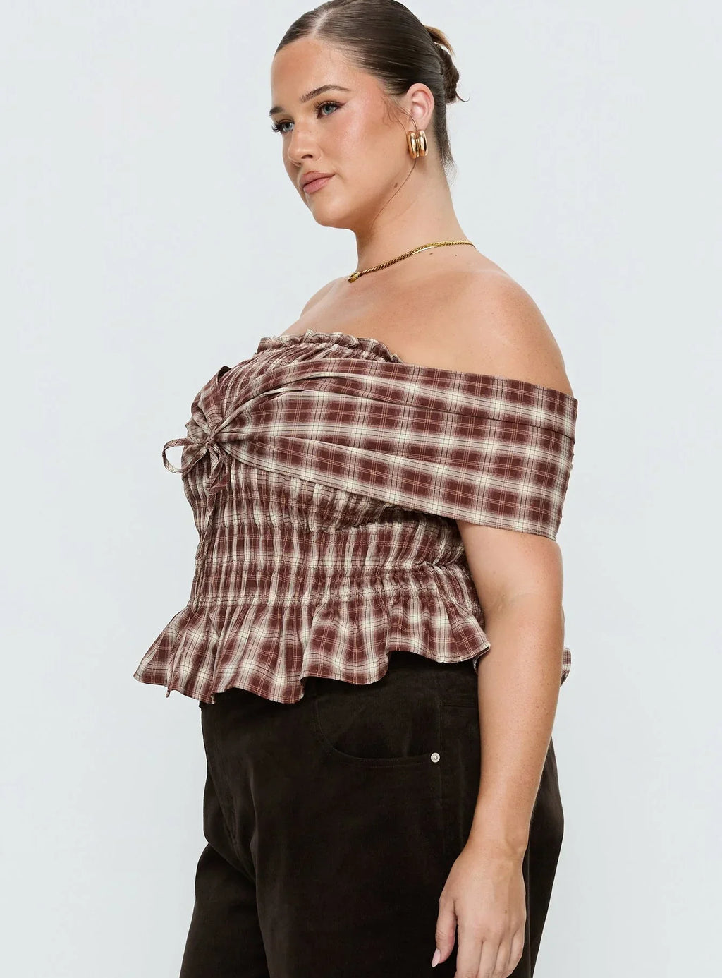 Avalynn Off Shoulder Shirred Top Brown Check Curve