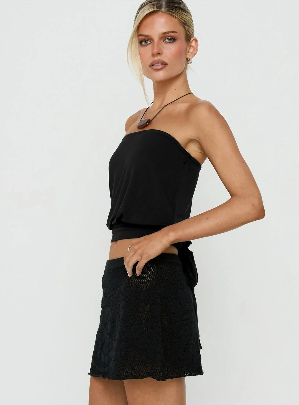 Wryn Strapless Blouson Tie Detail Top Black