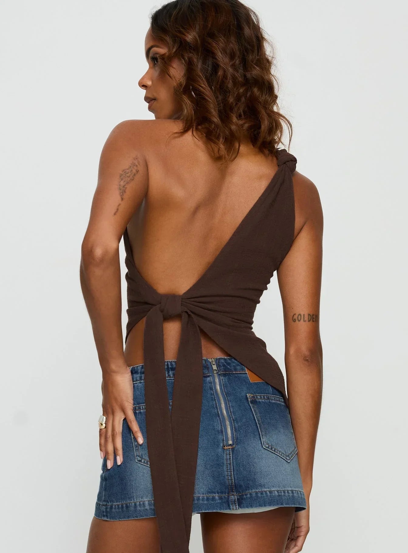 Dominikah One Shoulder Tie Top Chocolate
