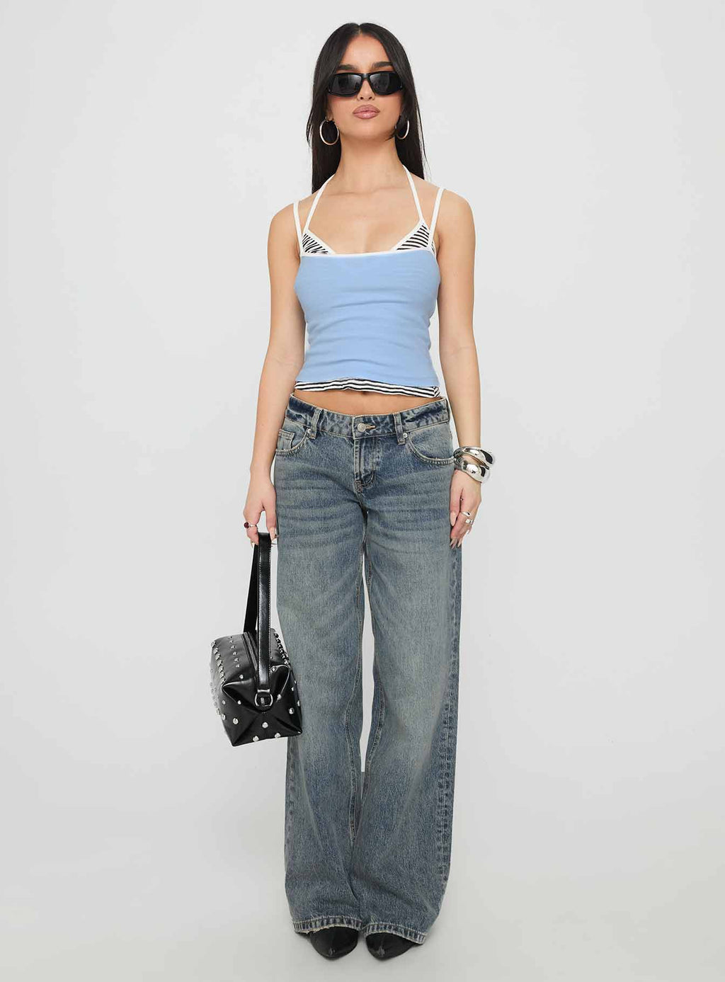 Franki Halter Layered Top Blue Multi Stripe