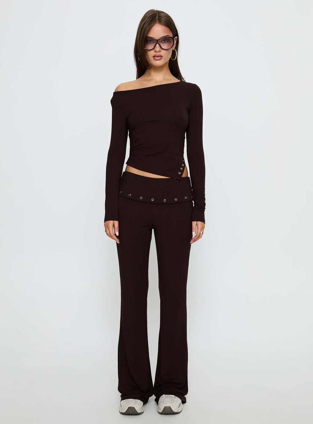 Wynna Eyelet Detail One Shoulder Top Chocolate