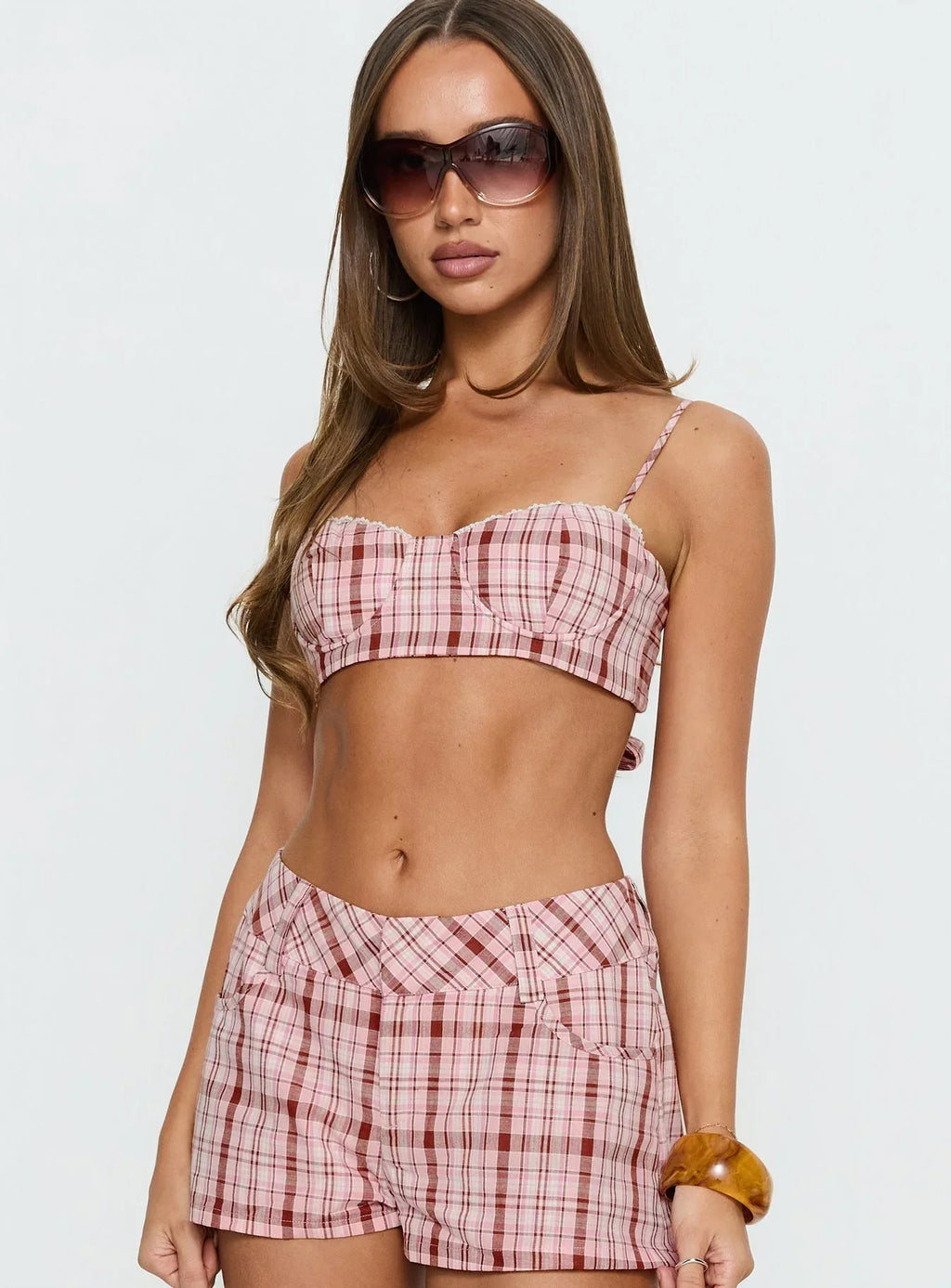 Kosi Micro Crop Bra Top Pink Check