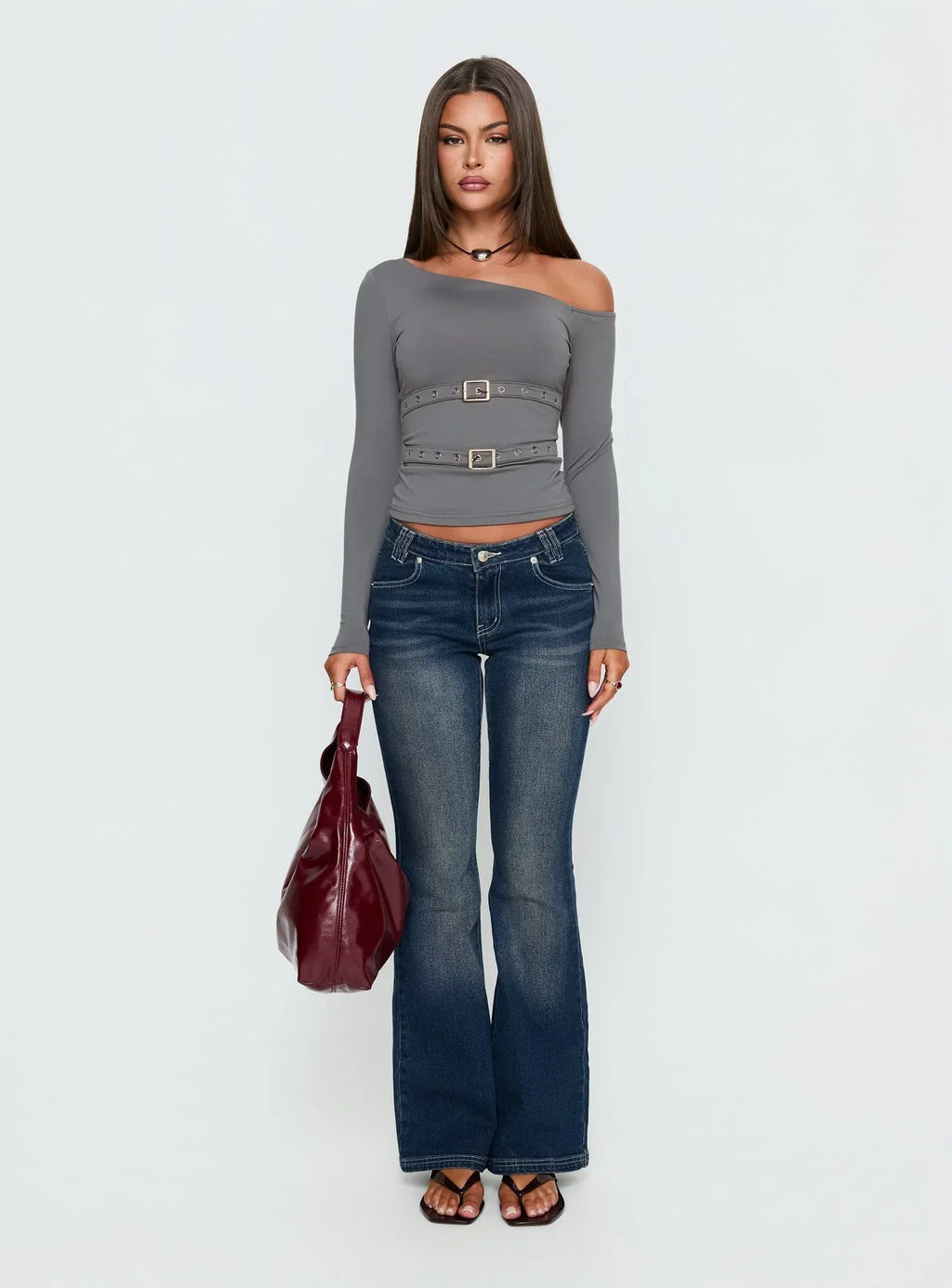 Luisana Buckle Detail One Shoulder Top Dark Grey