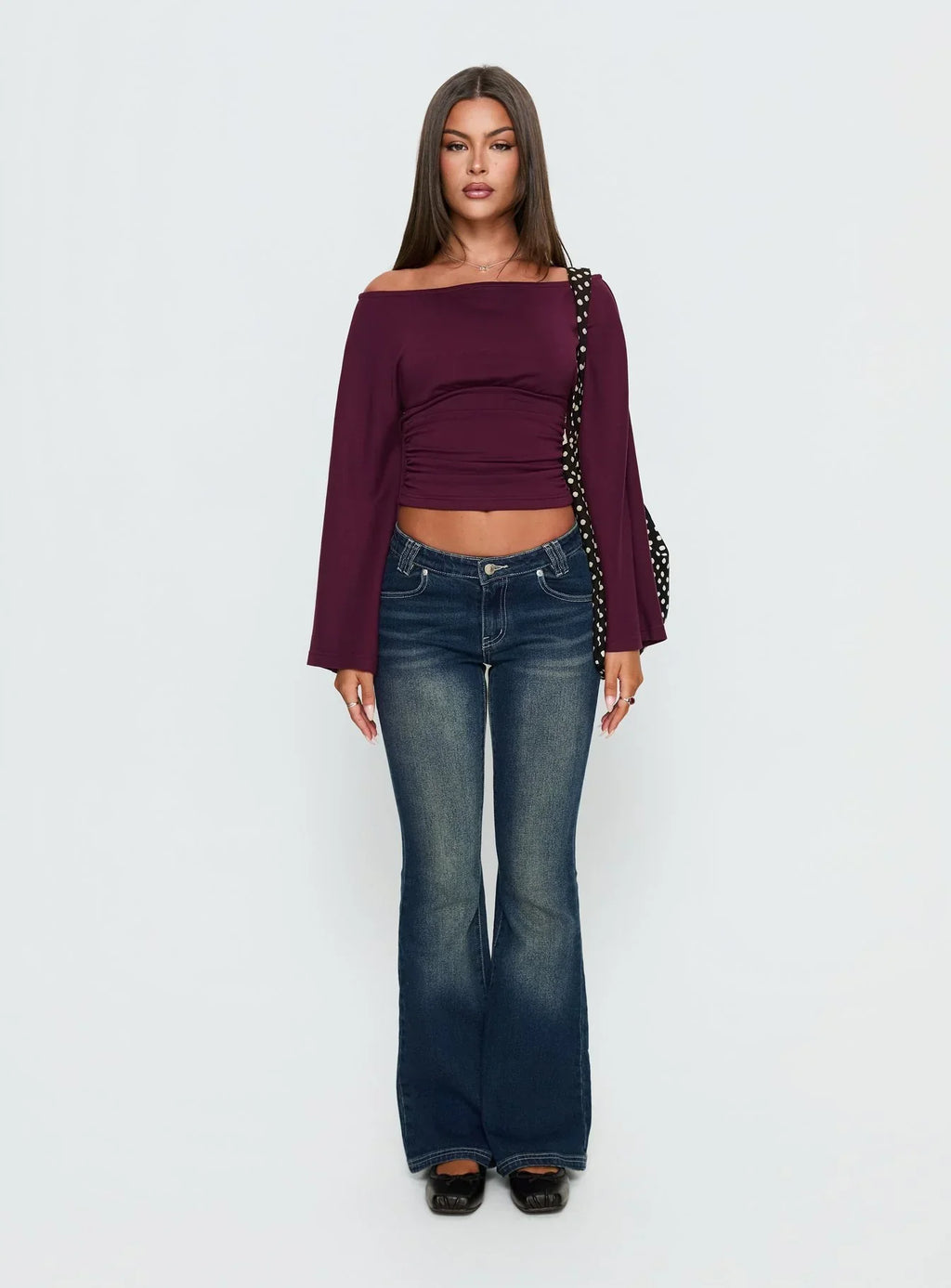 Anastasie Off Shoulder Long Sleeve Top Deep Red