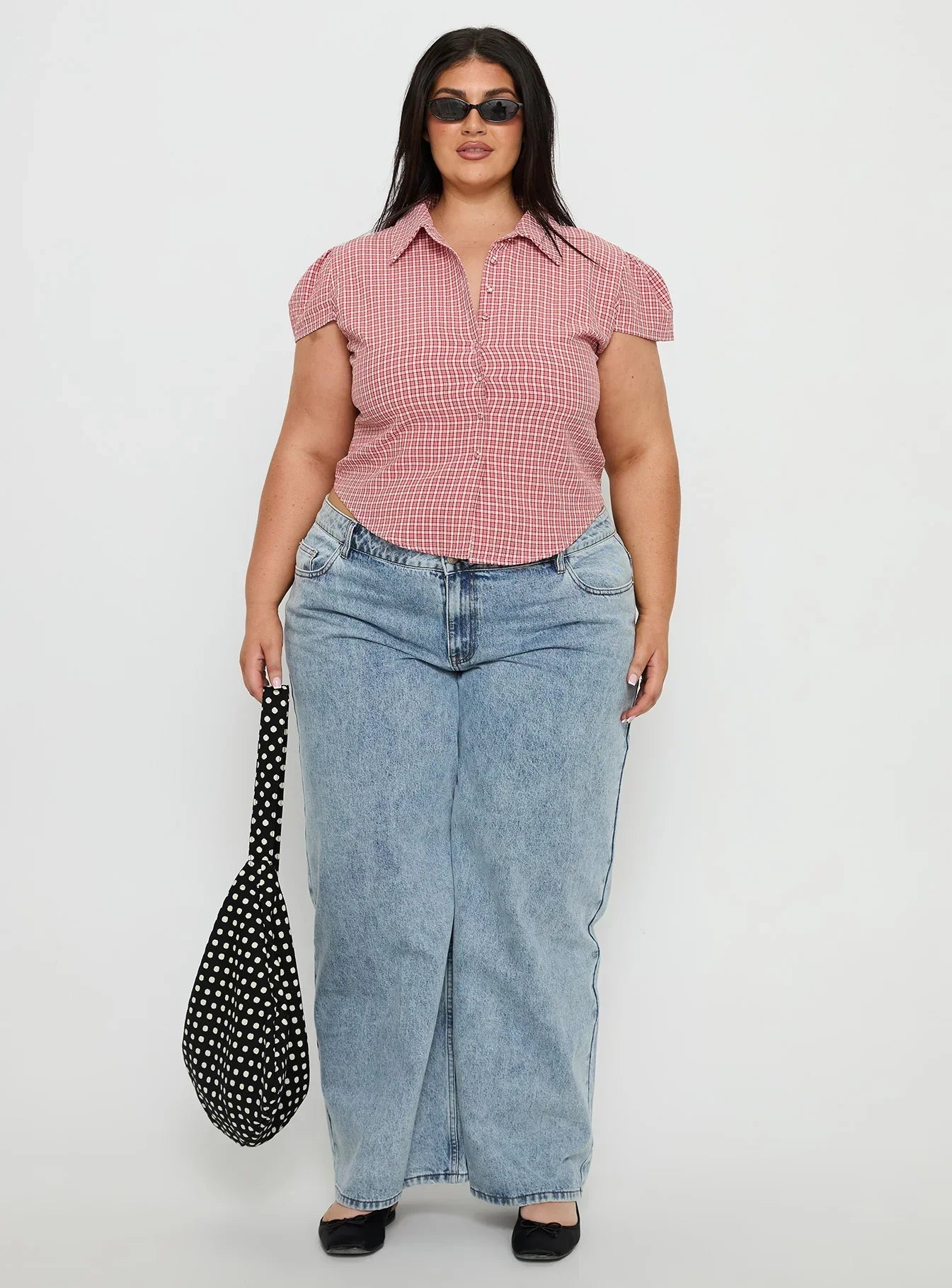 Float Away Button Up Top Red Check Curve