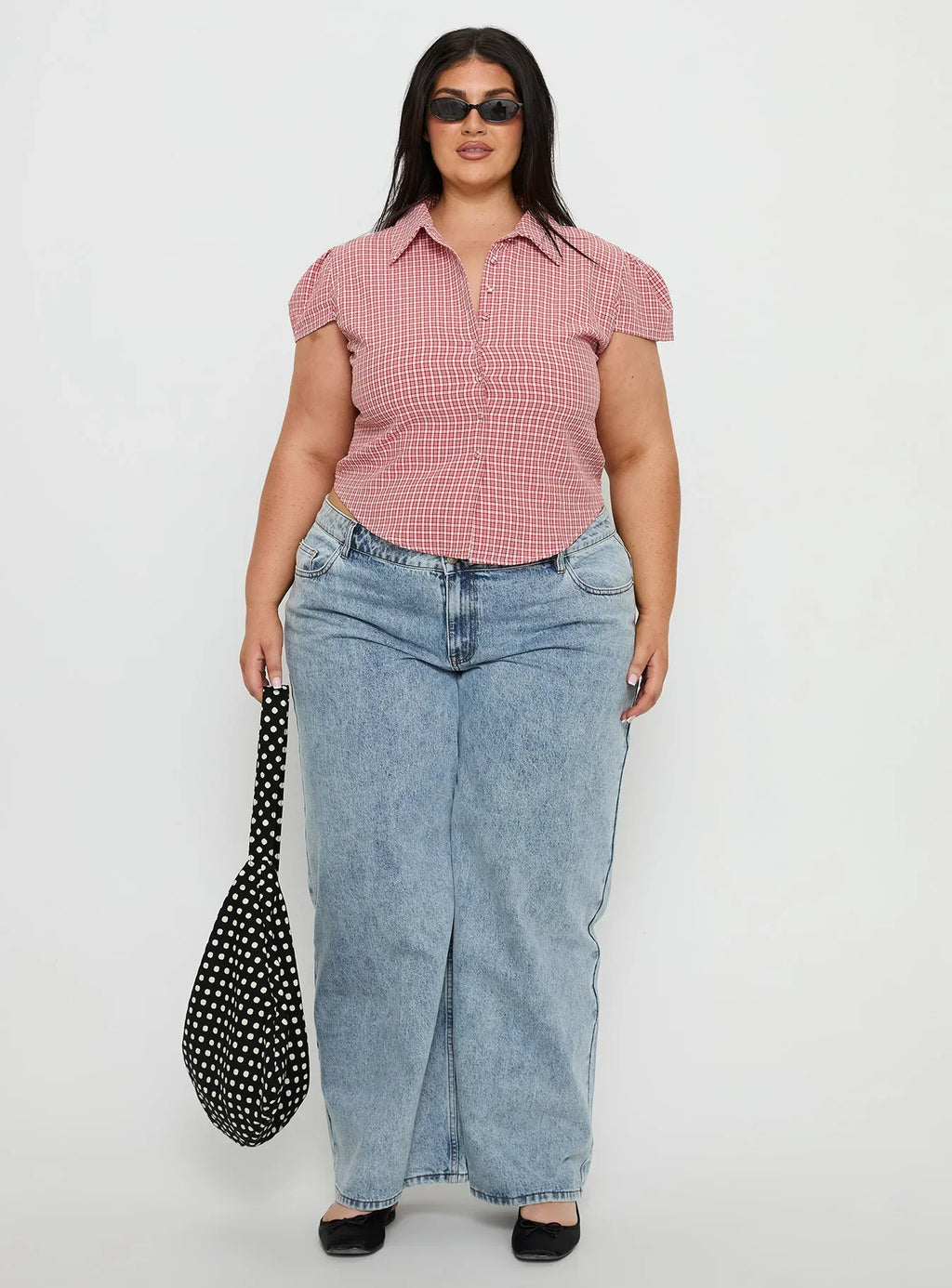 Float Away Button Up Top Red Check Curve