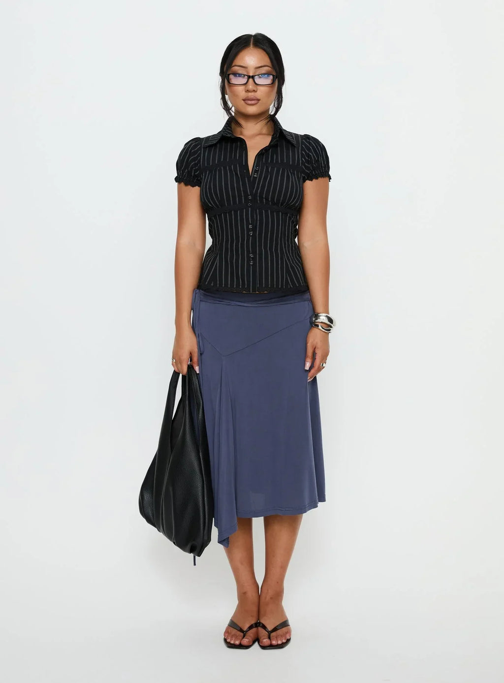 Deserve You Puff Sleeve Button Front Top Black Stripe