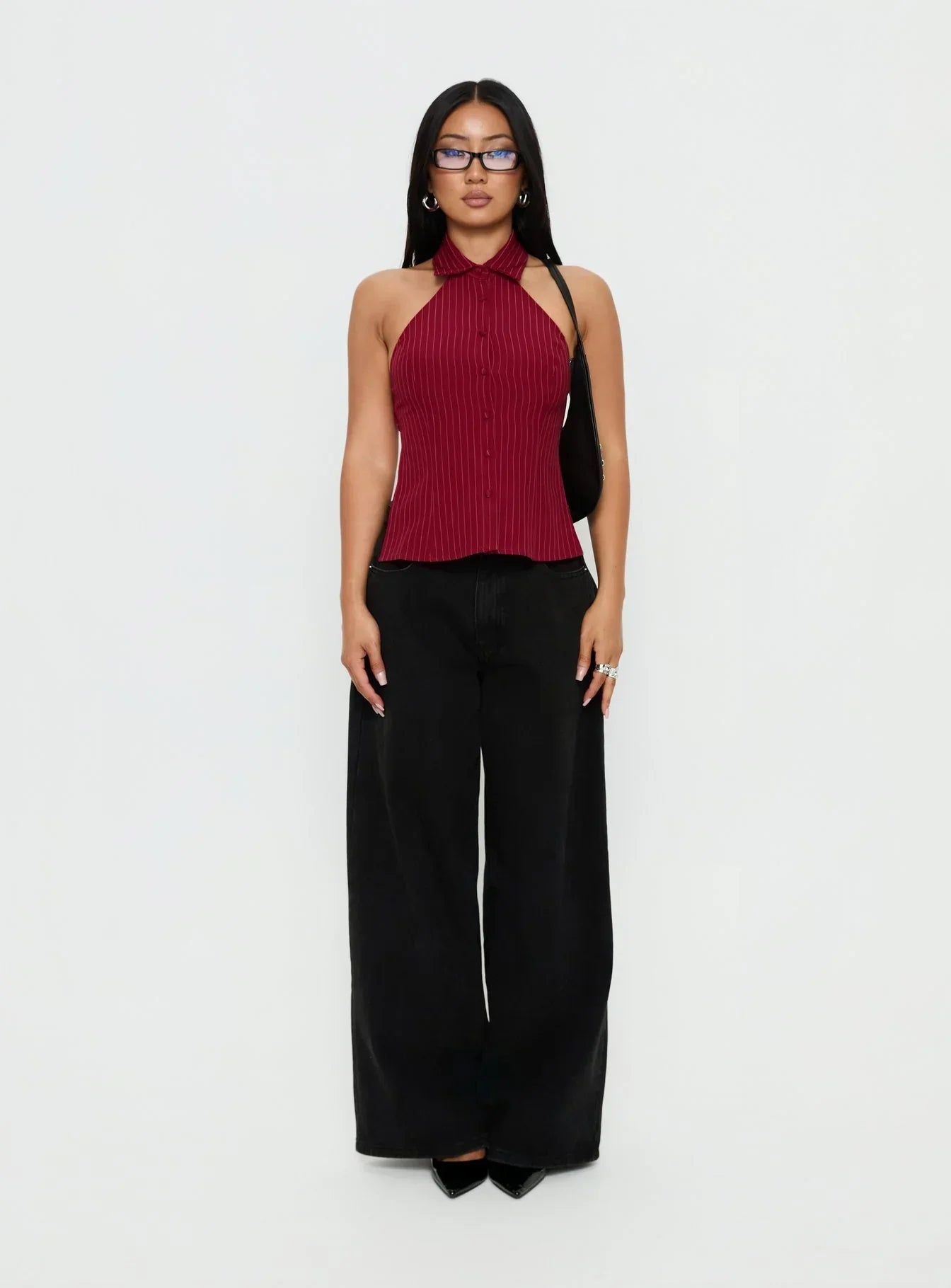 Roanne Backless Collared Top Red Stripe
