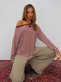 Ralyssa Off Shoulder Long Sleeve Top Red Stripe