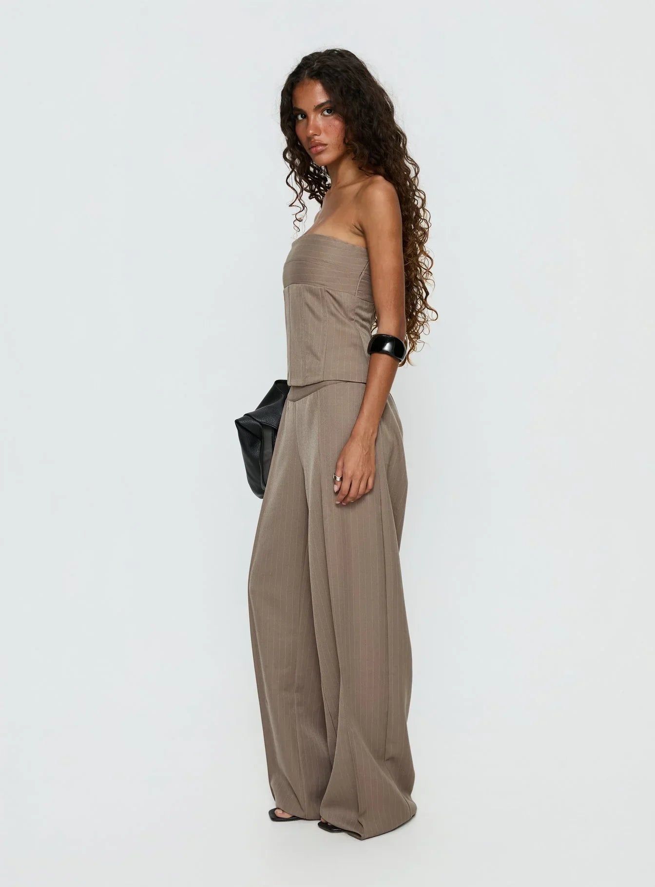 Madelle Strapless Tie Up Top Brown Pinstripe