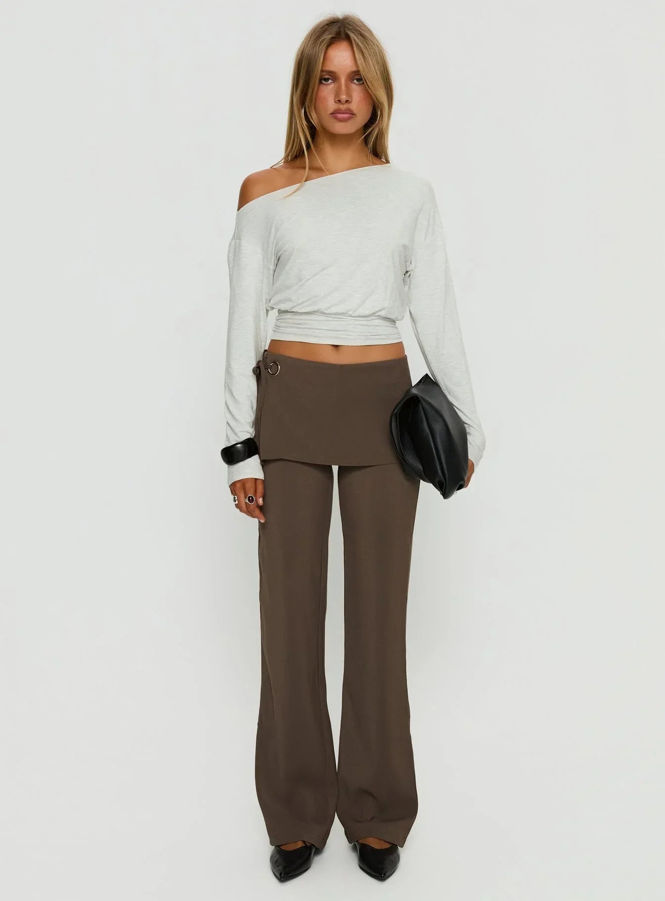 Ashlinn Off Shoulder Long Sleeve Drapey Top Grey Marle