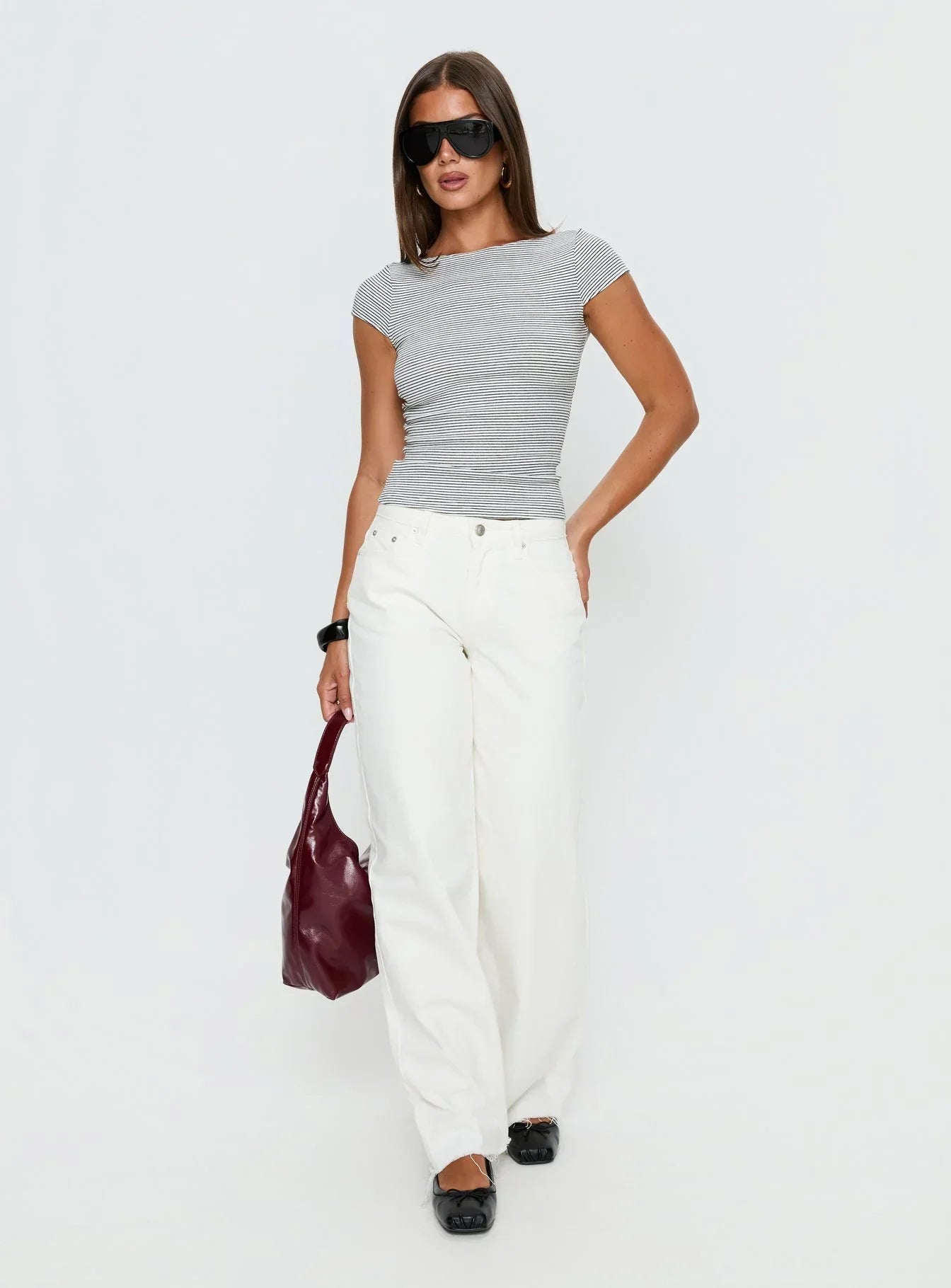 Nyren Low Back Boatneck Top White / Black Stripe