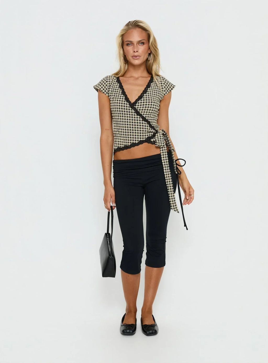 Meltwater Lace Trim Wrap Detail Top Black Check