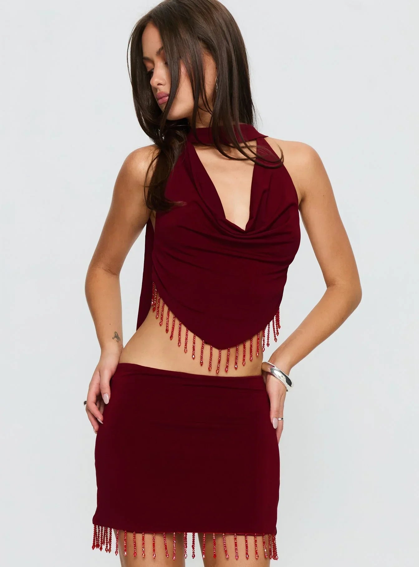 Ginah Bead Tassel Cowl Neck Top Red