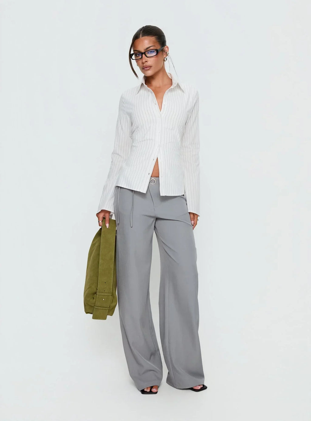 Eryx Tie Back Button Up Top White Pinstripe