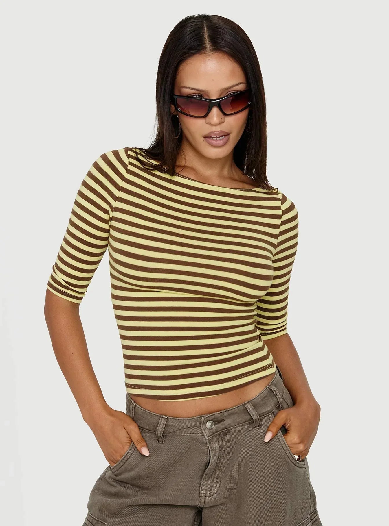 Darling Days 3/4 Sleeve Top Chocolate / Yellow Stripe
