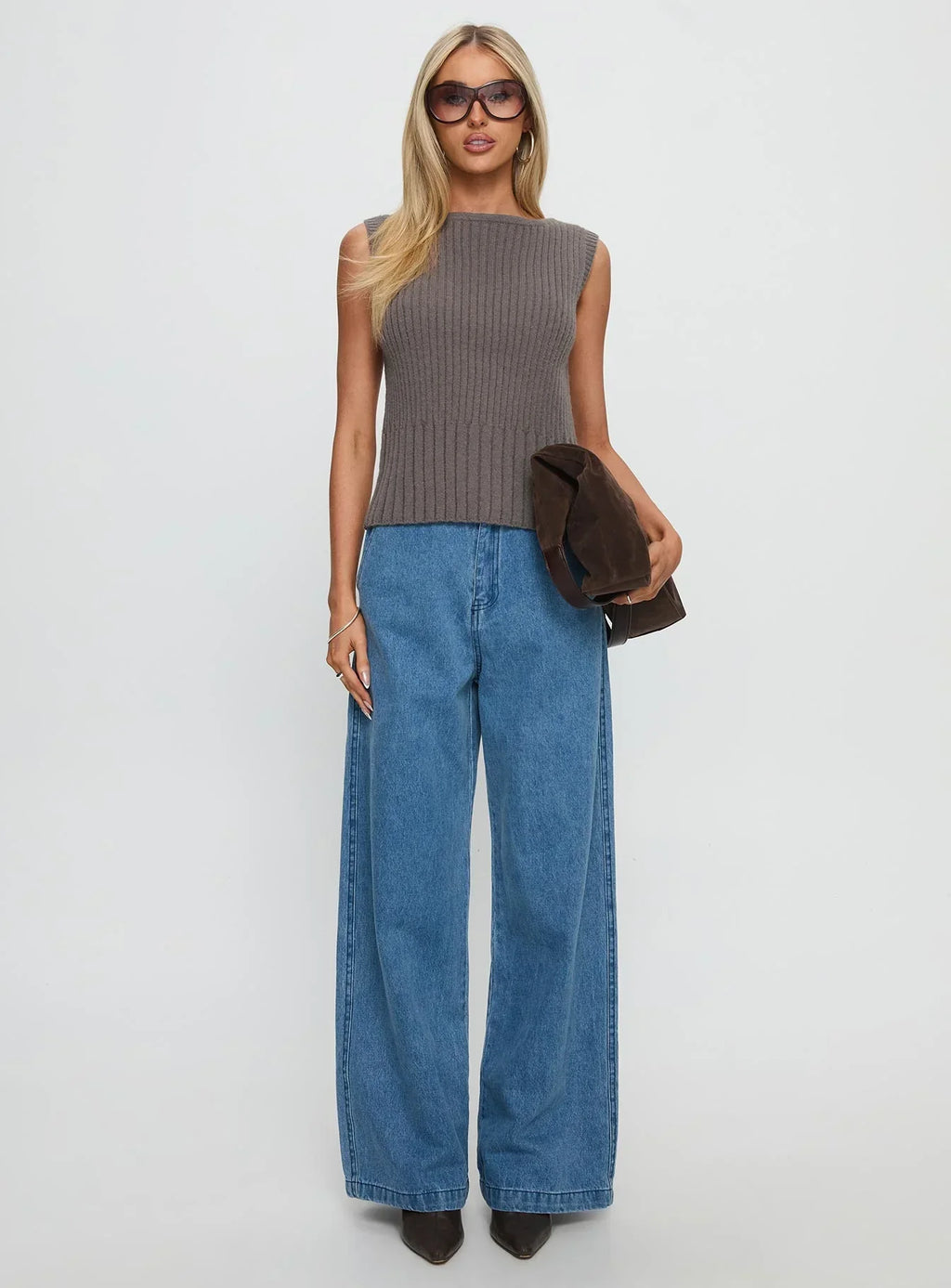 Peerless Ribbed Sleeveless Top Charcoal