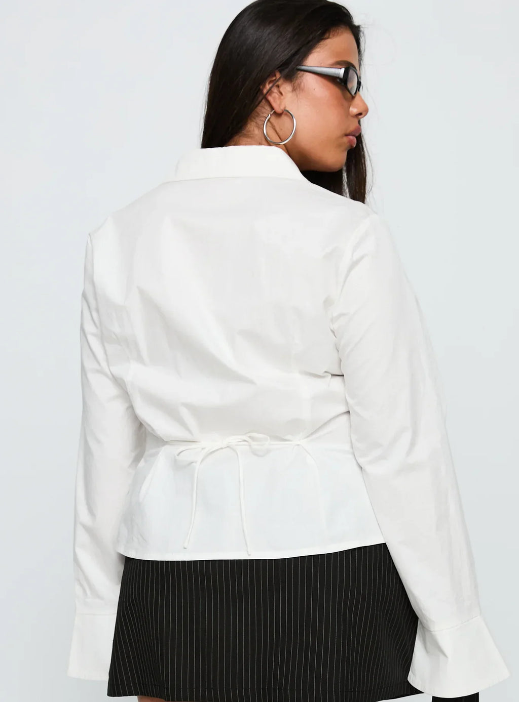 By The Phone Long Sleeve Collared Top White Curve