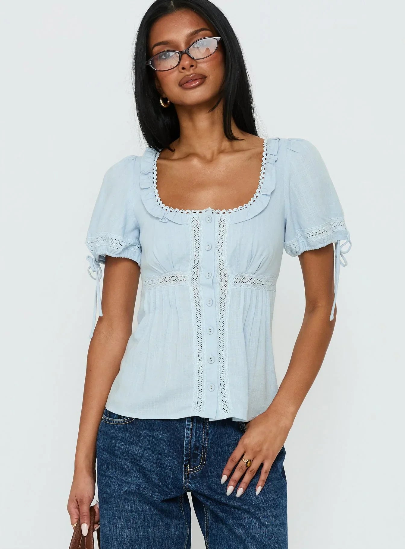 Indianah Pleat Lace Panel Blouse Top Blue