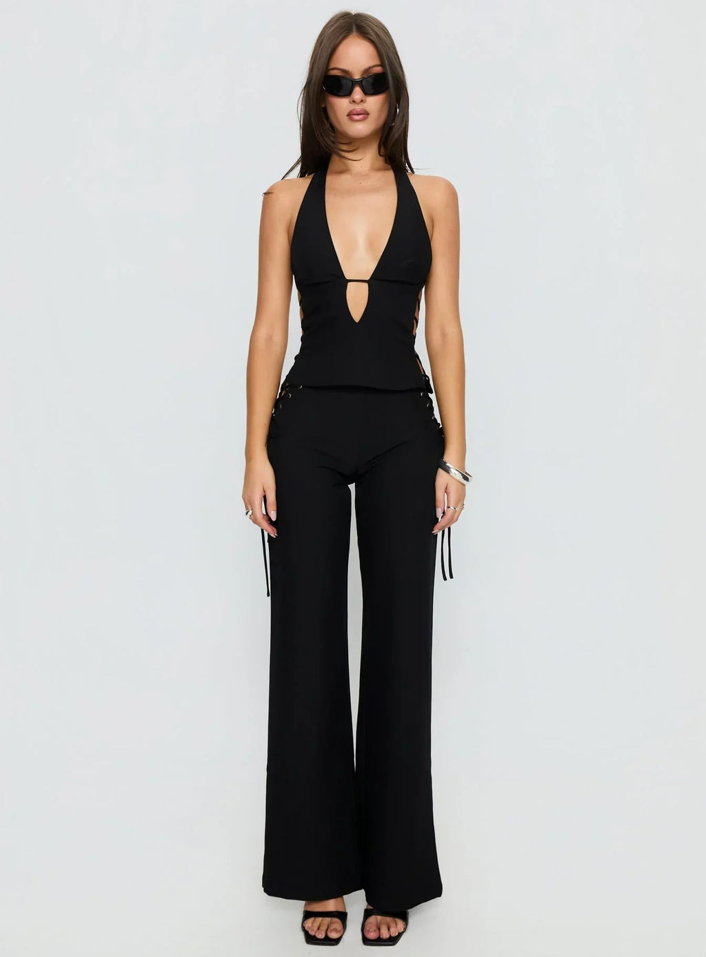Riane Lace Up Halter Top Black