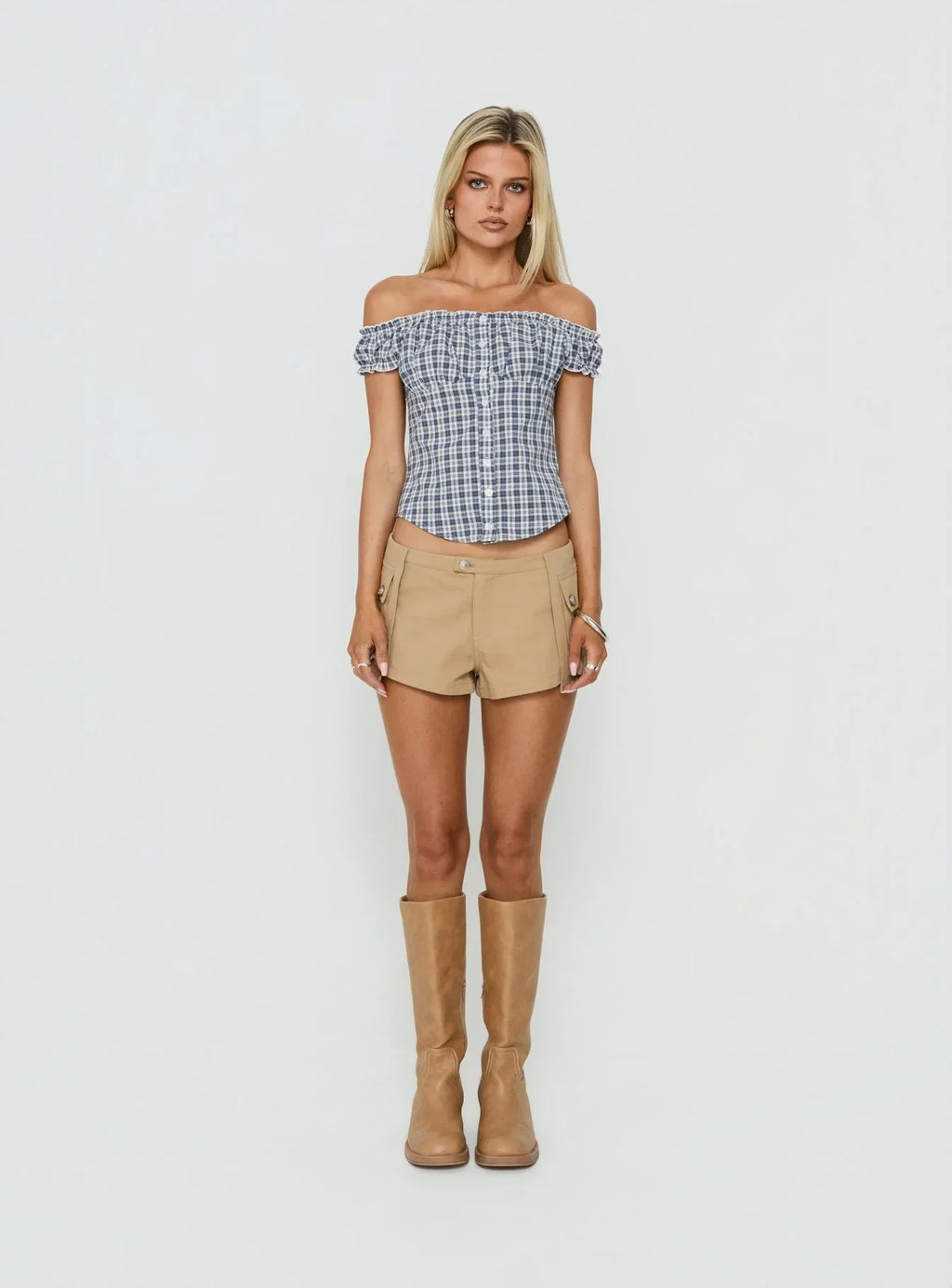 Bravely Off Shoulder Button Up Top Blue Check