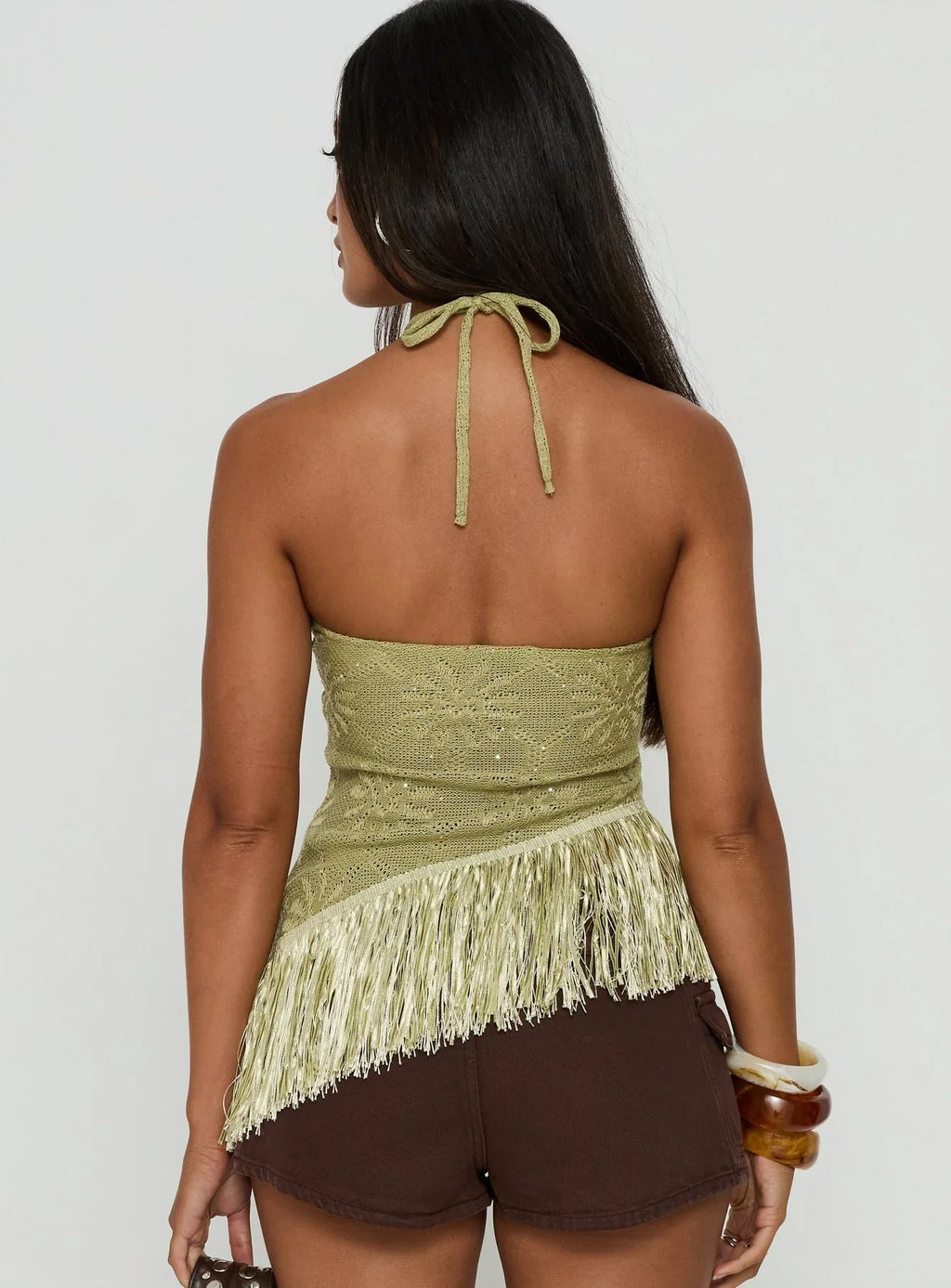 Masina Arrowneck Fringe Detail Top Green