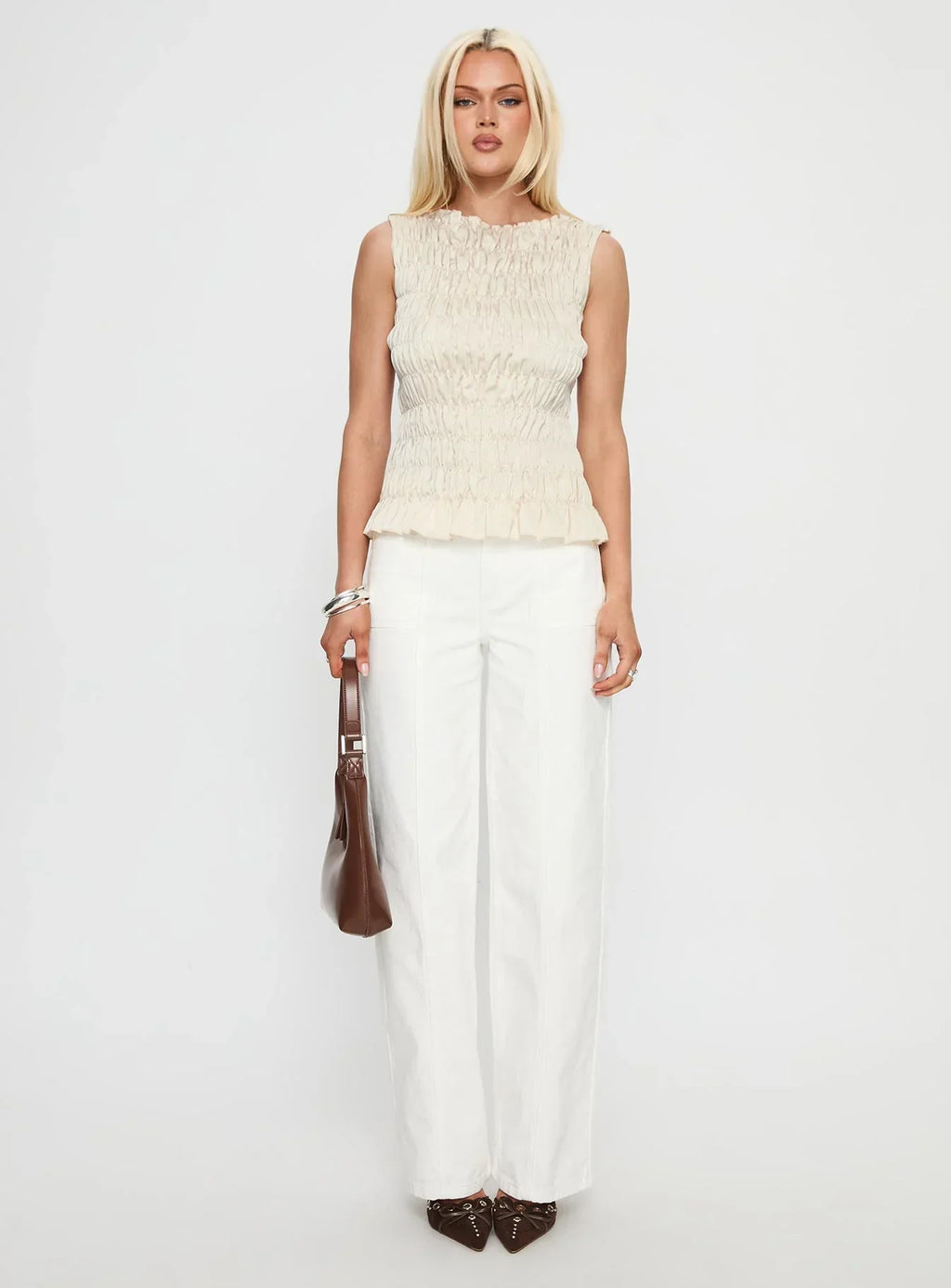Elenir Shirred Top Beige