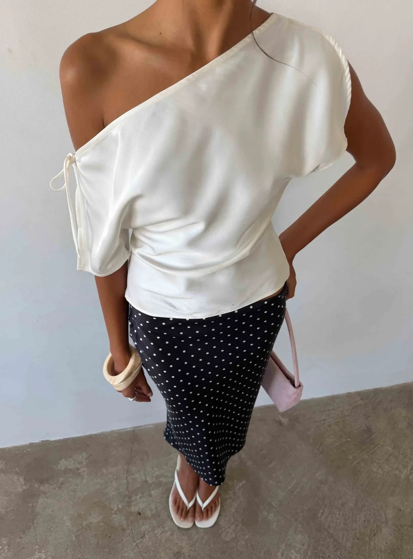 Faisa Off Shoulder Satin Top Cream