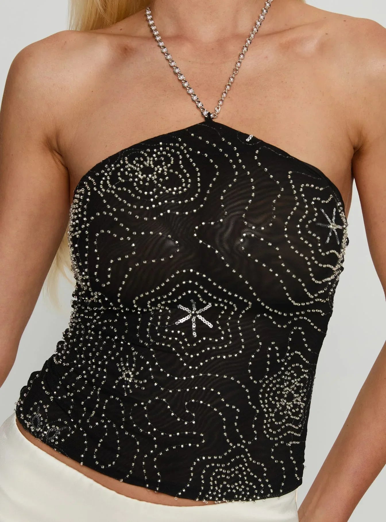 Azzurra Bead Detail Arrowneck Top Black