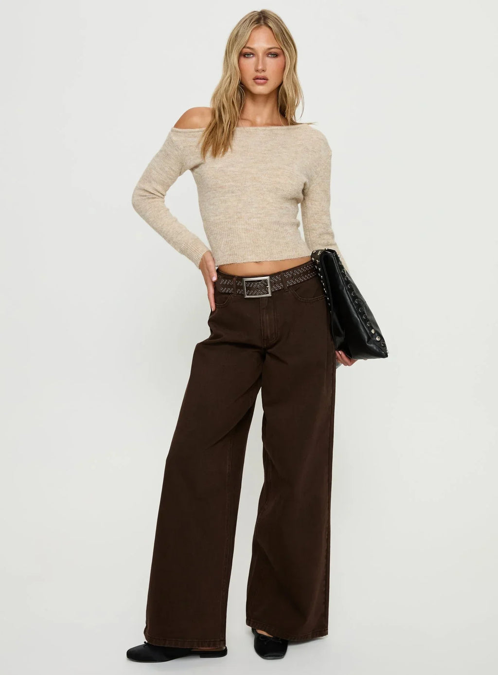 Selbey Fluffy Cinched Waist Off Shoulder Top Cream Marle