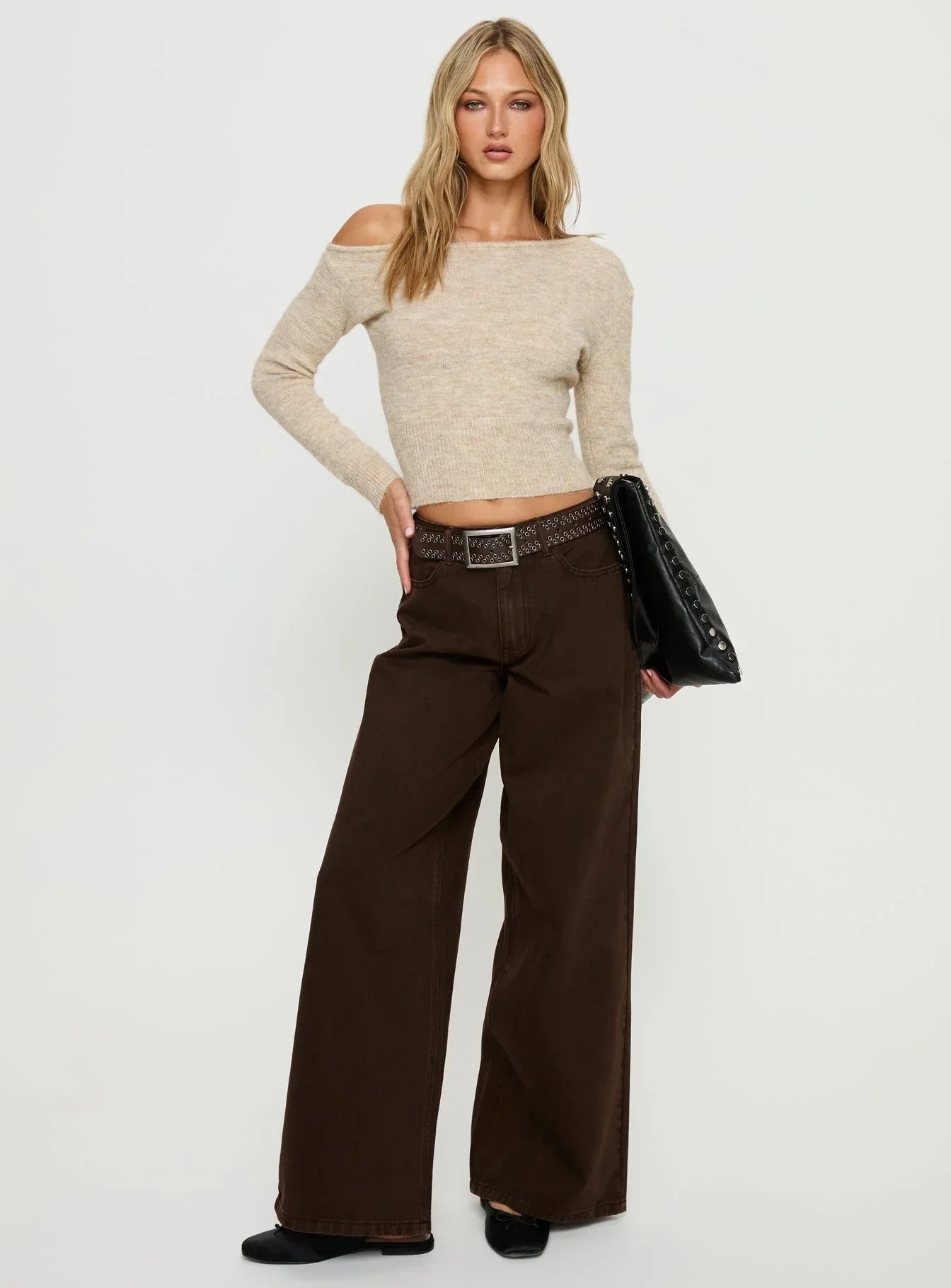 Selbey Fluffy Cinched Waist Off Shoulder Top Cream Marle