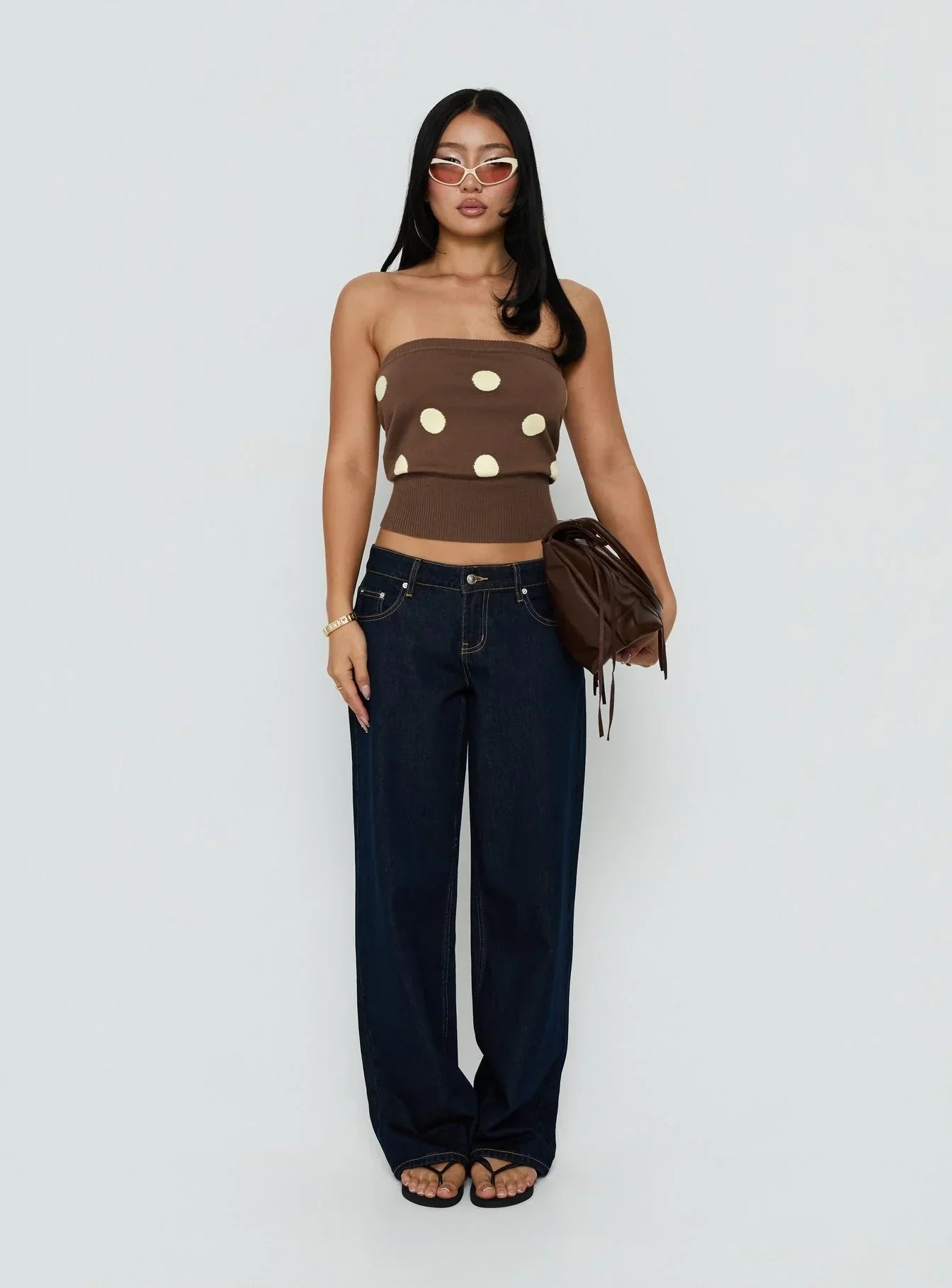 Tahlie Cinched Strapless Knit Top Brown Polka Dot