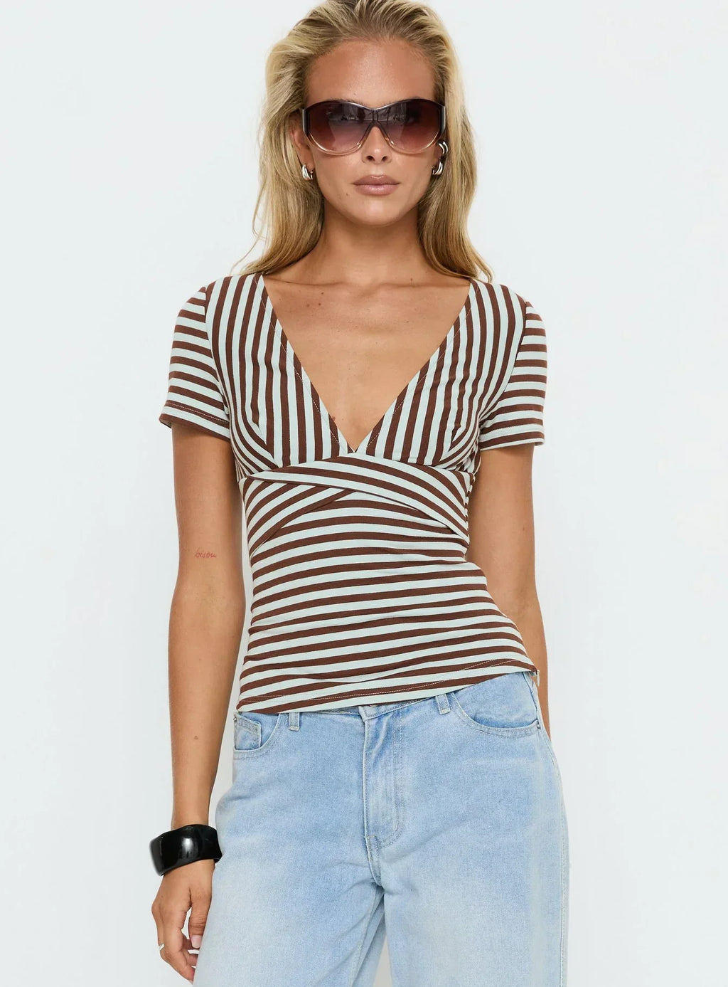 Madelon Short Sleeve Wrap Top Brown / Blue Stripe