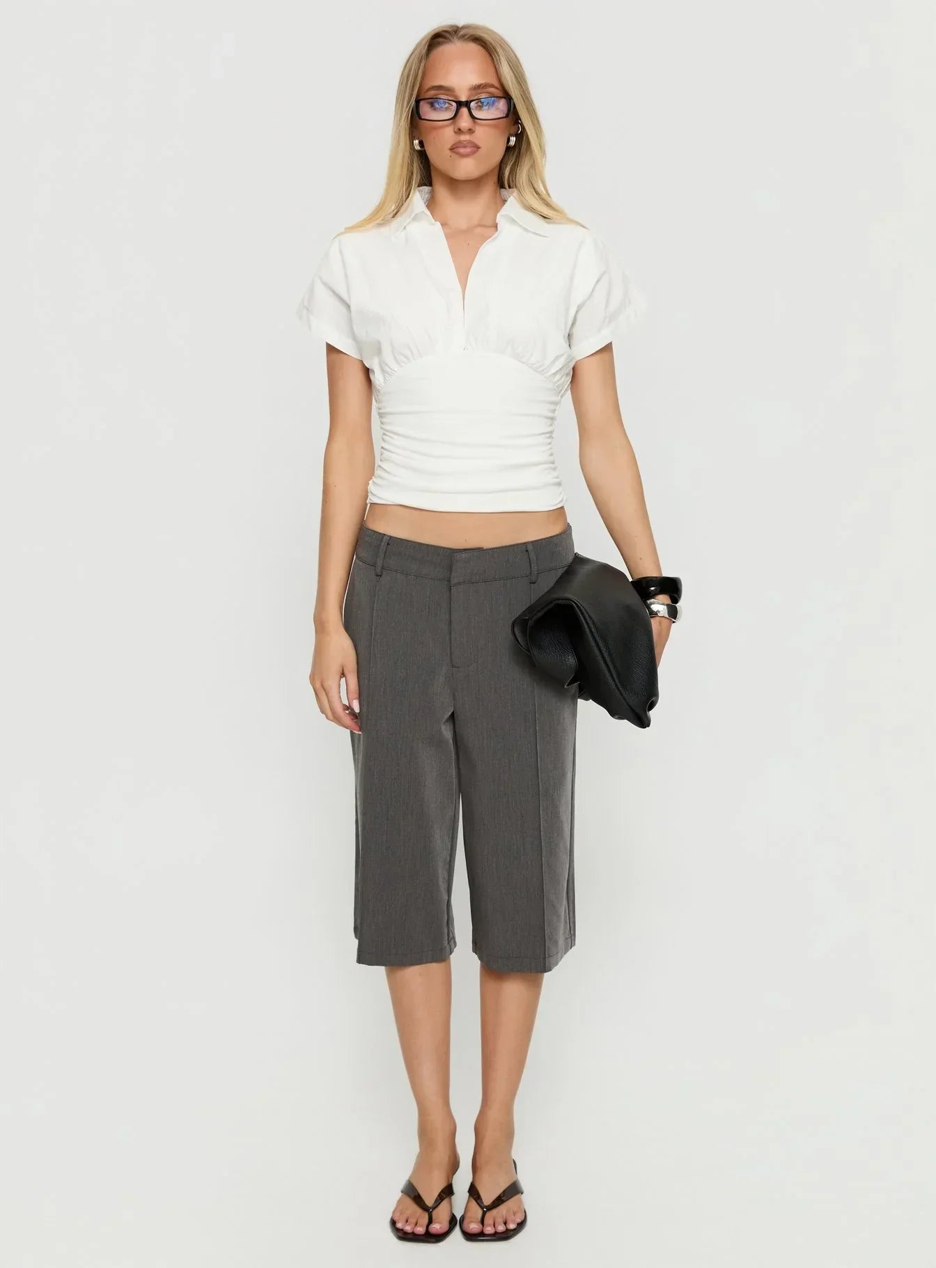 Chalia Ruched Collared Top White