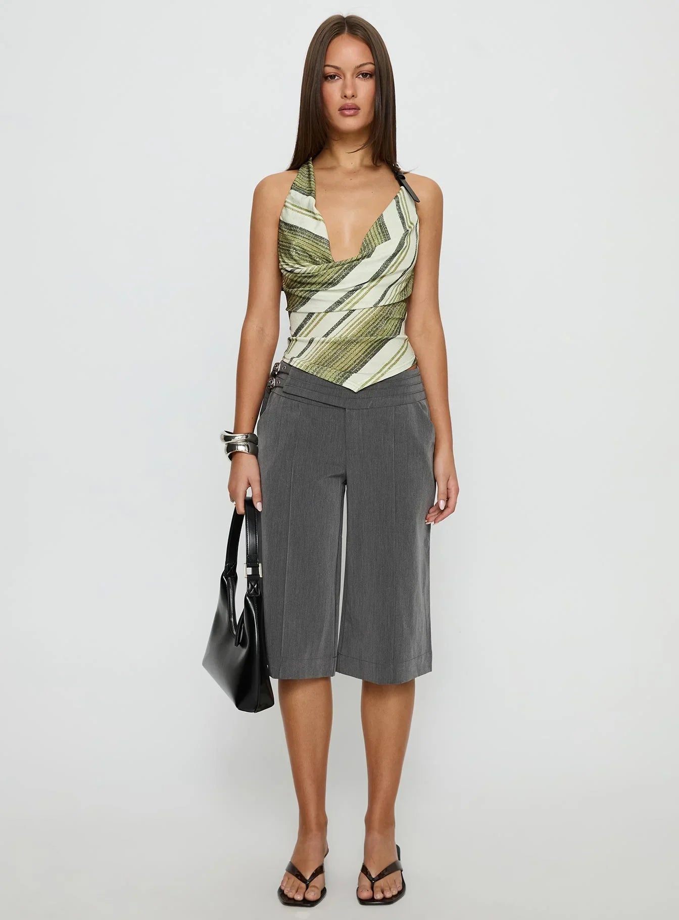 Syrenah Halter Cowl Neck Top Green Stripe