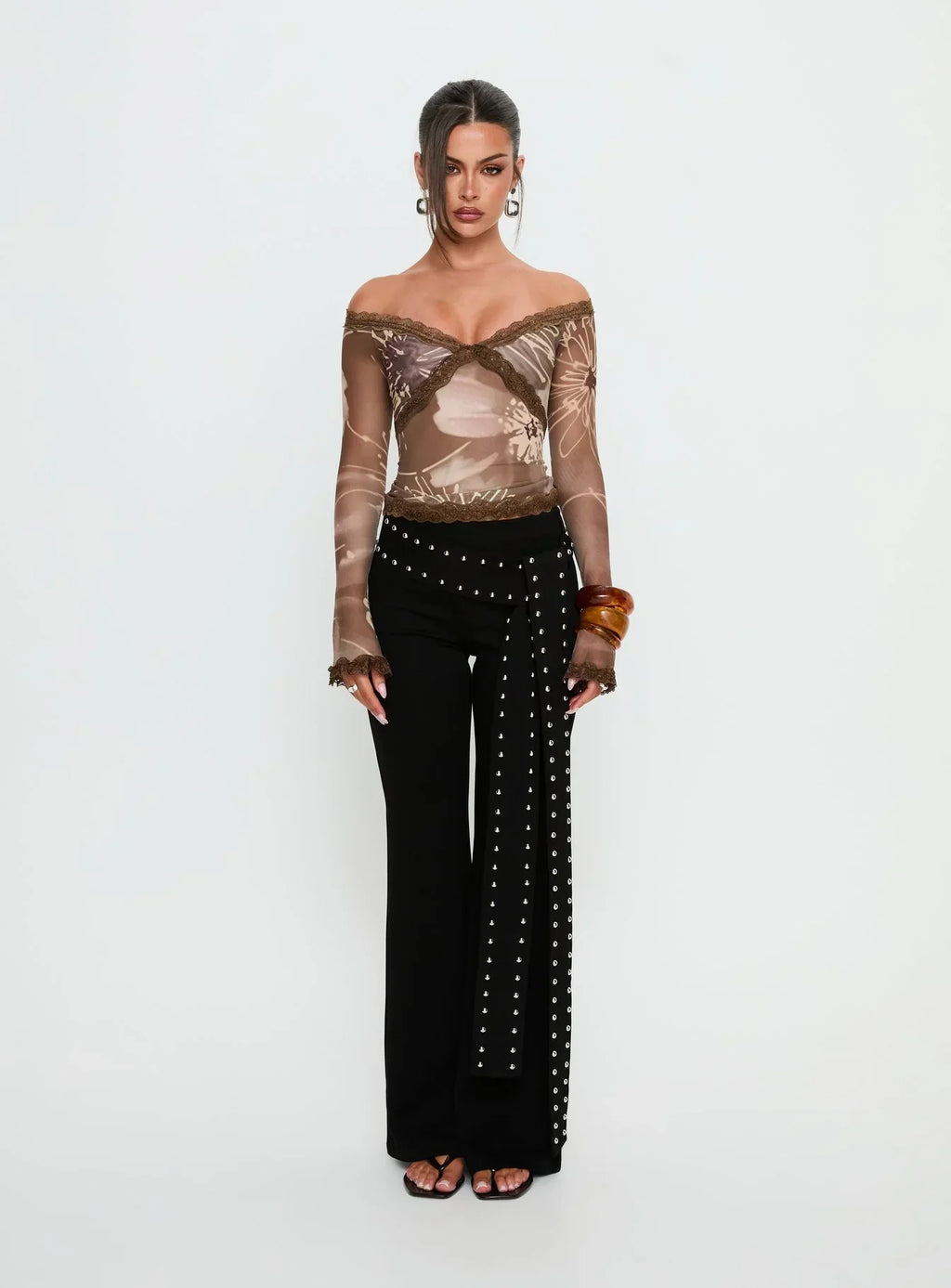 Katlyne Long Sleeve Lace Trim Top Brown Floral