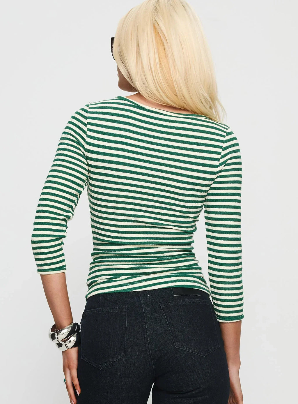 Missouri 3/4 Sleeve Textured Top Green Stripe