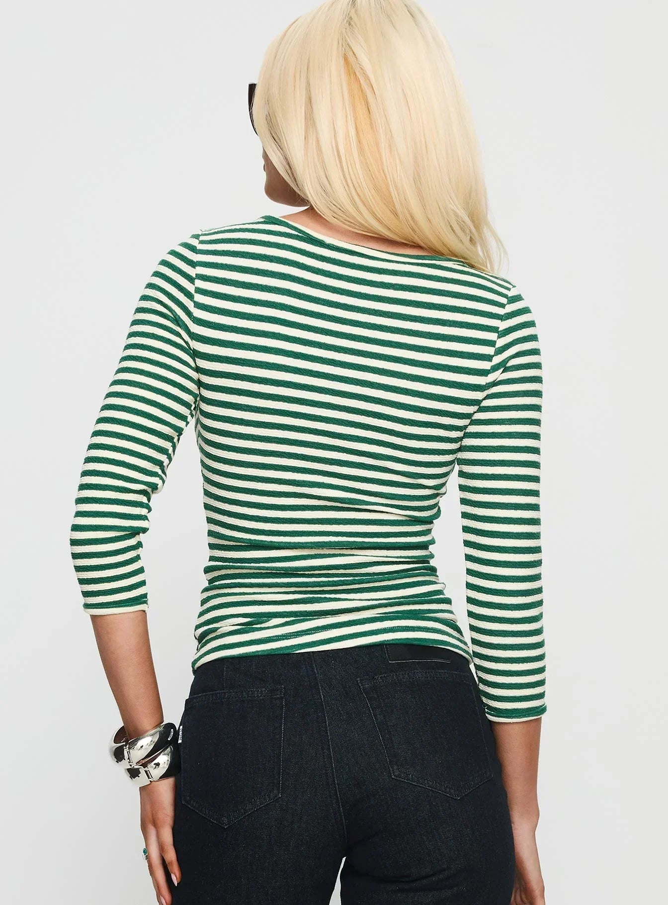 Missouri 3/4 Sleeve Textured Top Green Stripe