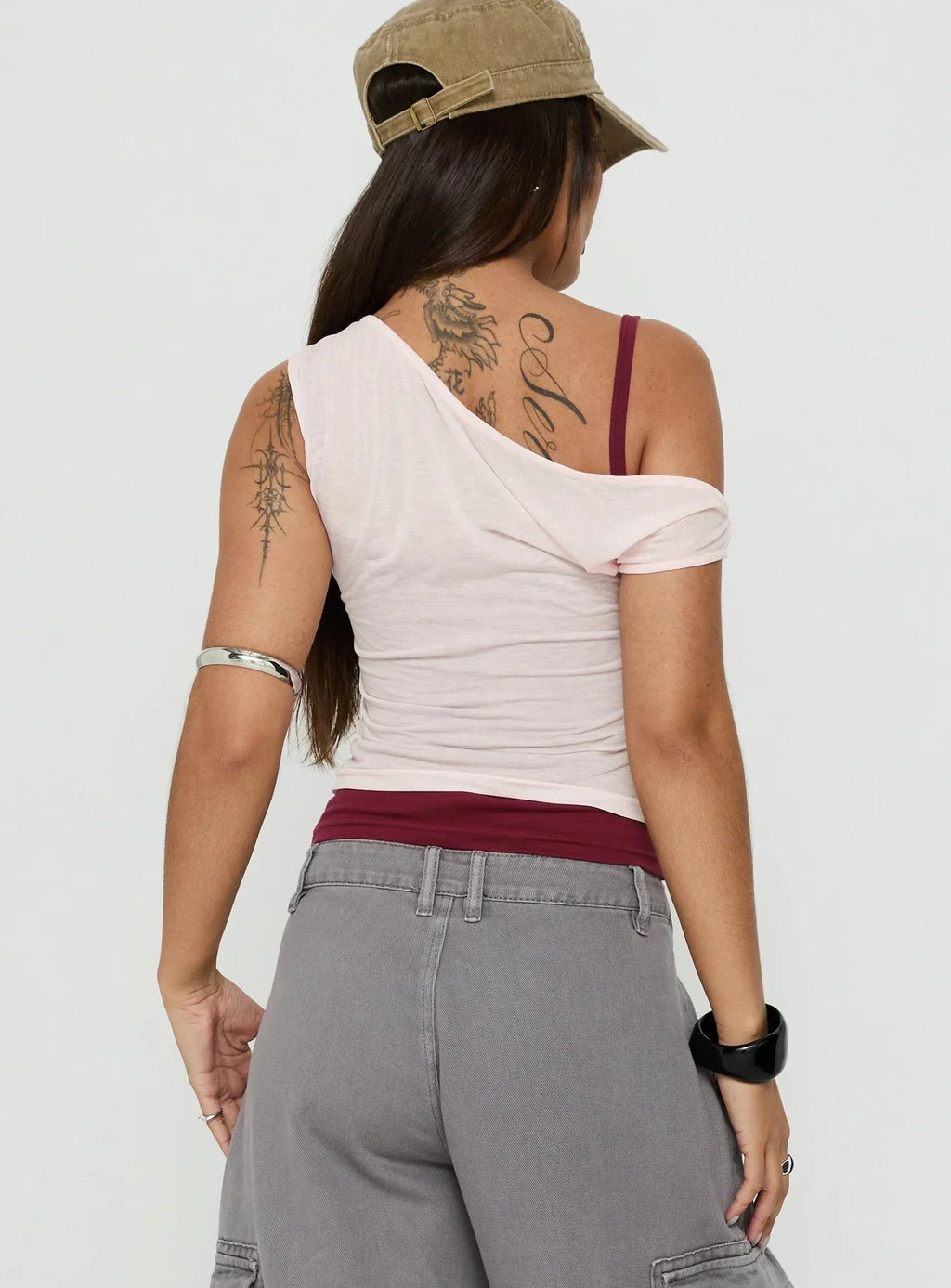 Klaretta Off Shoulder Draped Layered Top Pink / Burgundy