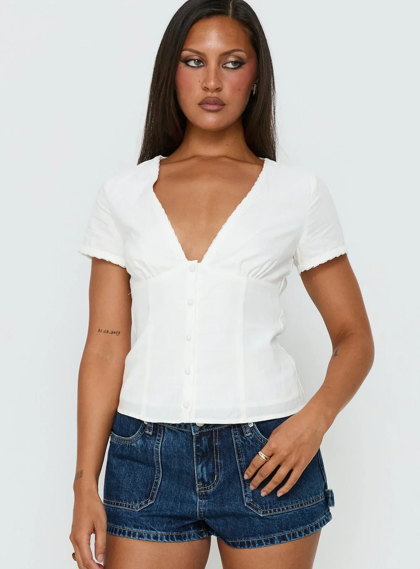 Small Fortune Lace Trim Short Sleeve Blouse Top White