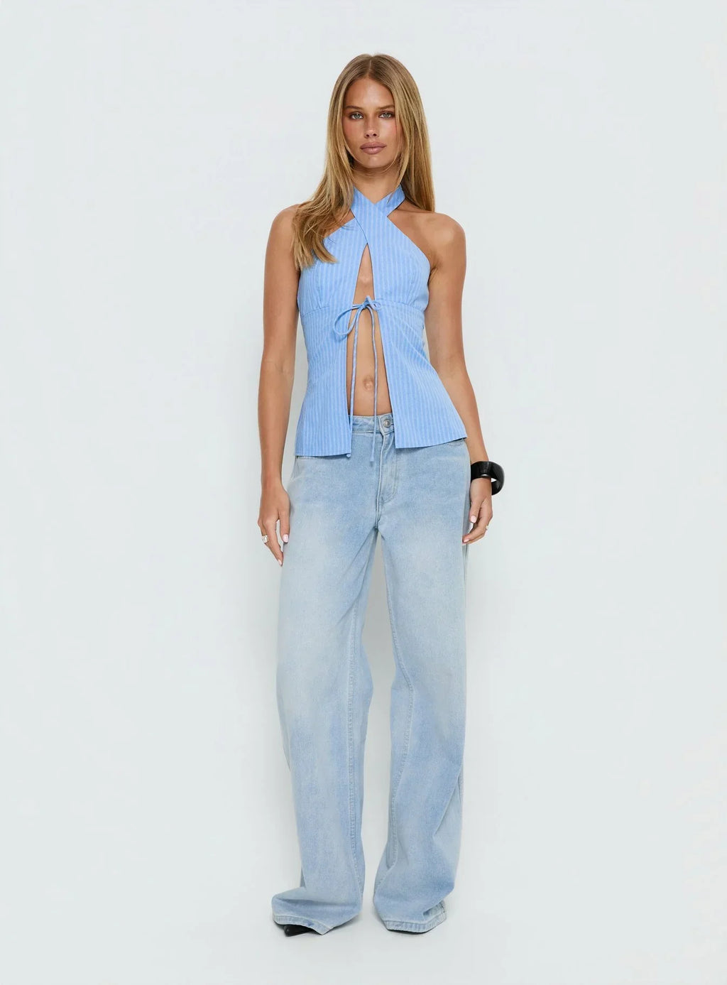 Sensational Cross Front Tie Detail Top Blue Stripe