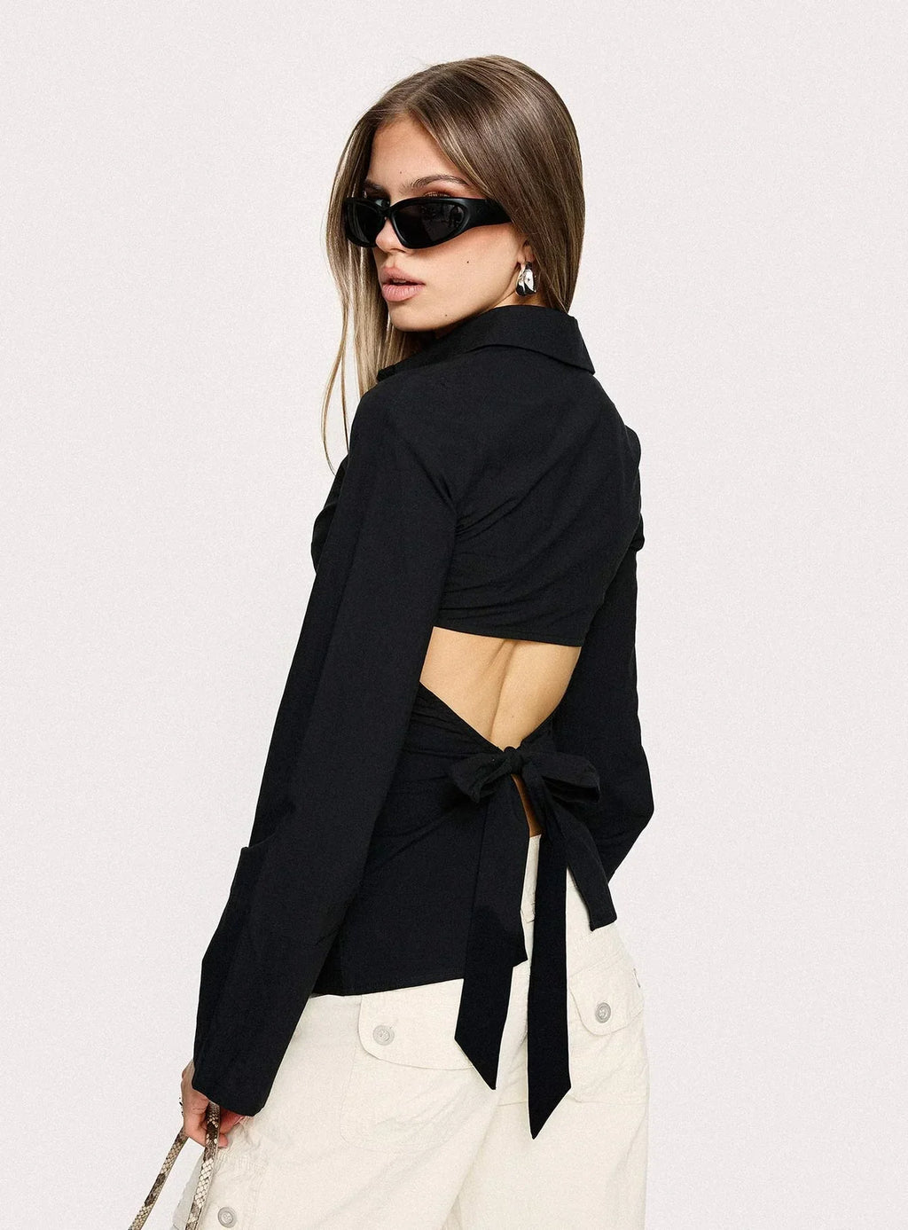 Lesper Long Sleeve Tie Back Top Black
