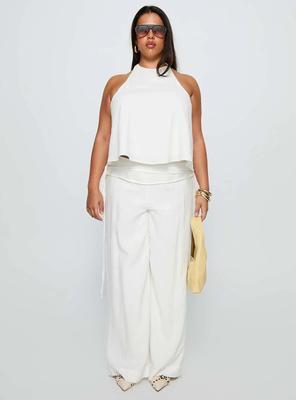 Aquaria Halter Linen Blend Top White Curve