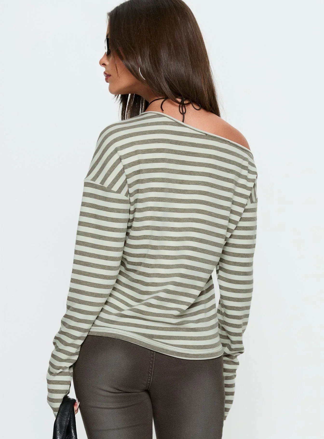 Lenorah Off Shoulder Long Sleeve Top Grey Stripe