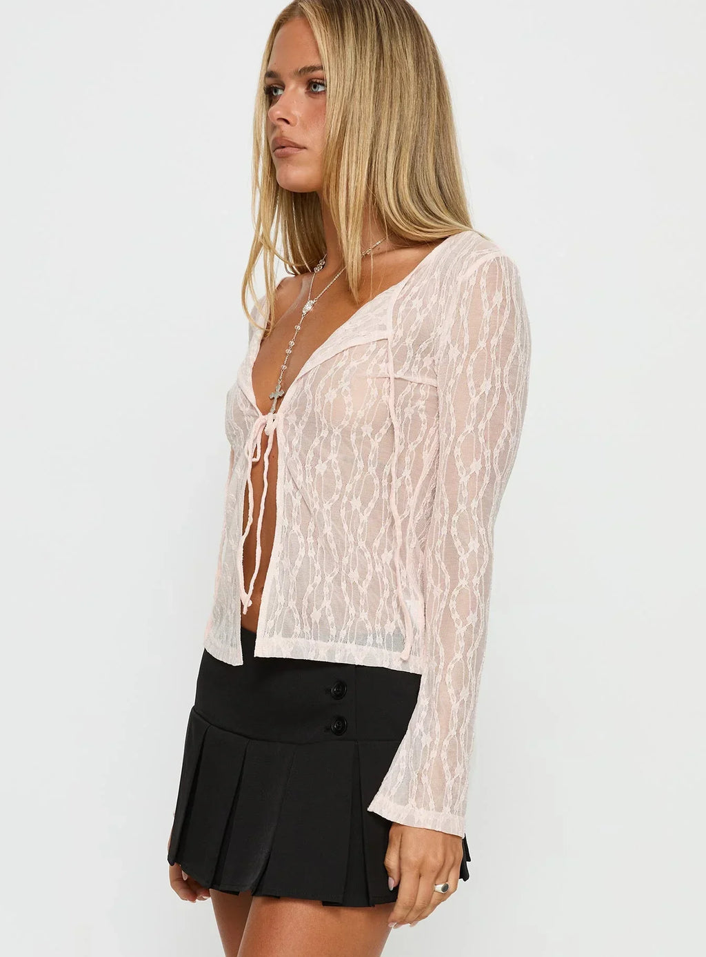 Open Your Heart Tie Detail Long Sleeve Top Pink