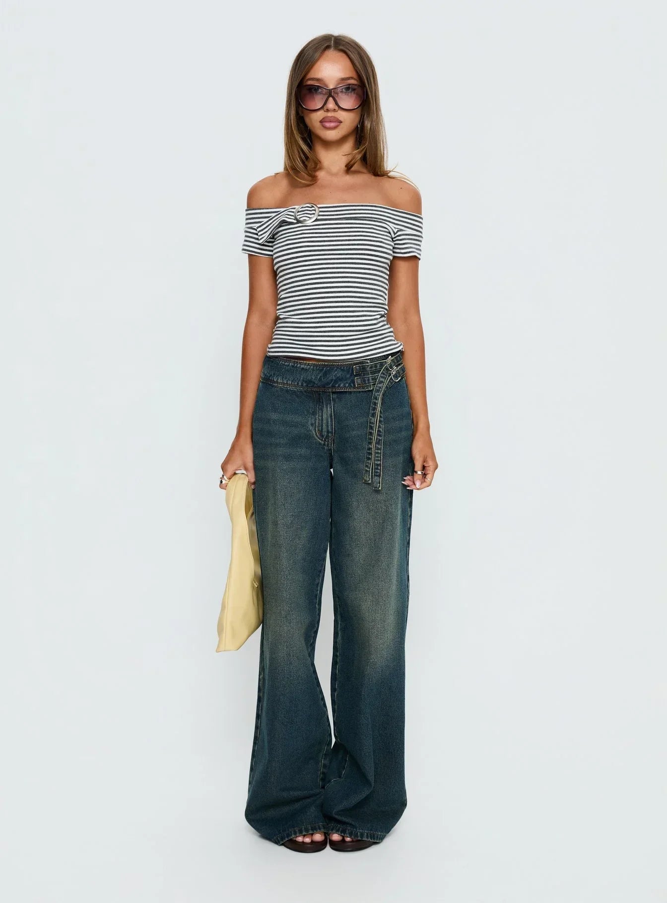 Kiela Off Shoulder Hardware Detail Top Grey / White Stripe