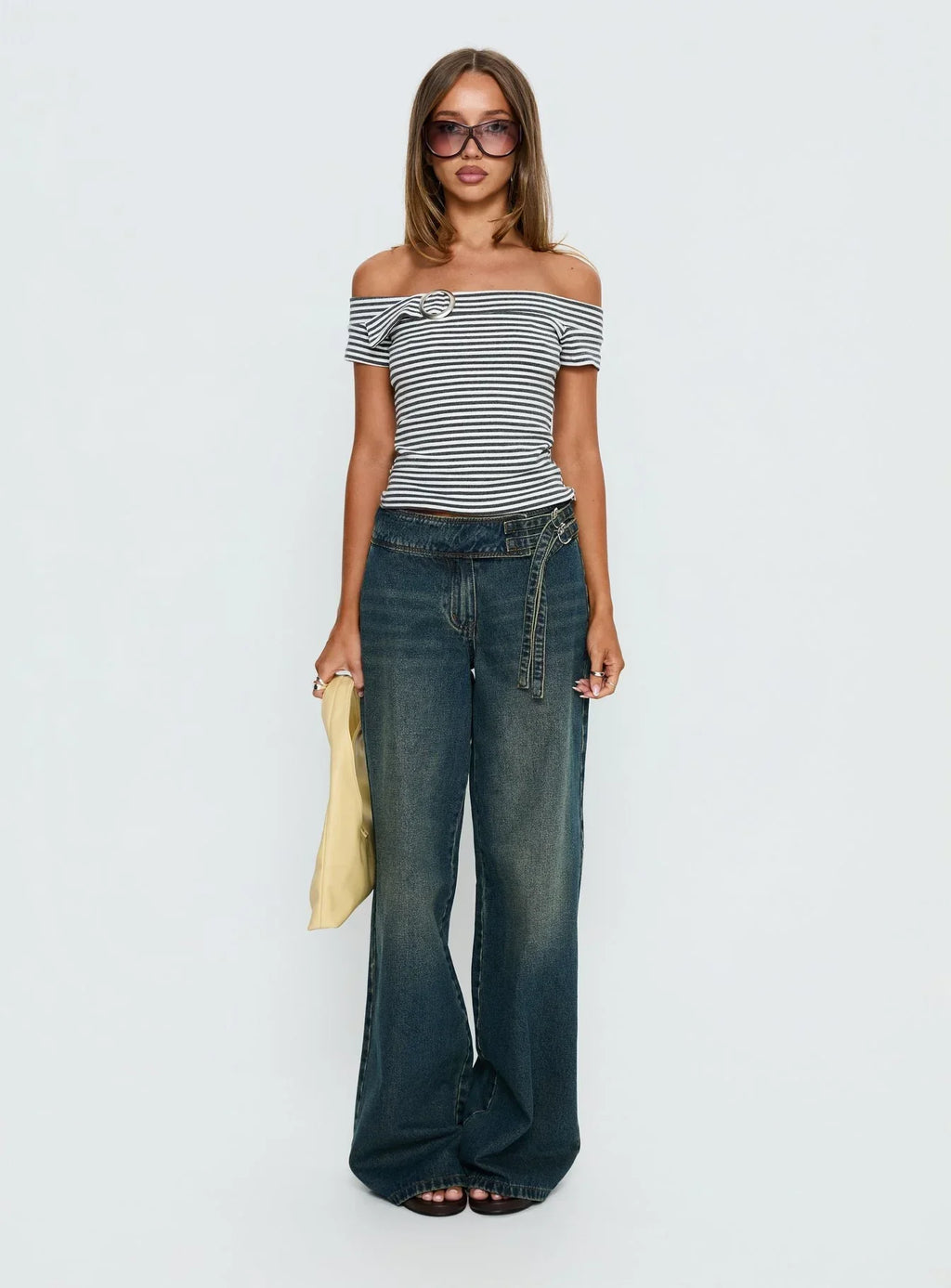 Kiela Off Shoulder Hardware Detail Top Grey / White Stripe