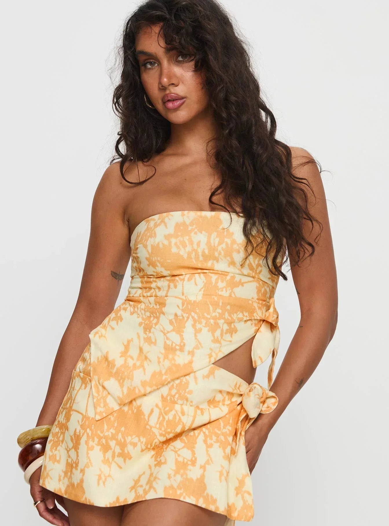 High Vibration Strapless Wrap Top Orange Multi